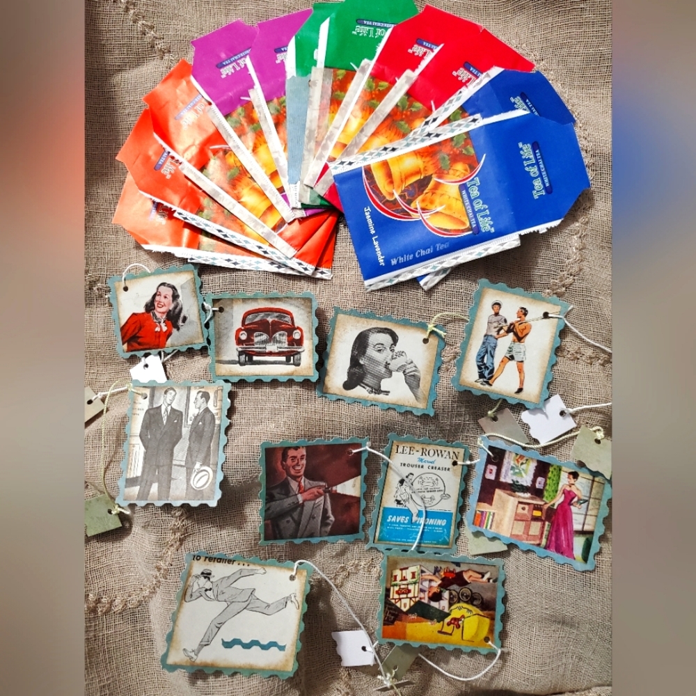 🙏 HAND CRAFTED Set of 10 faux tea bag tags vintage images